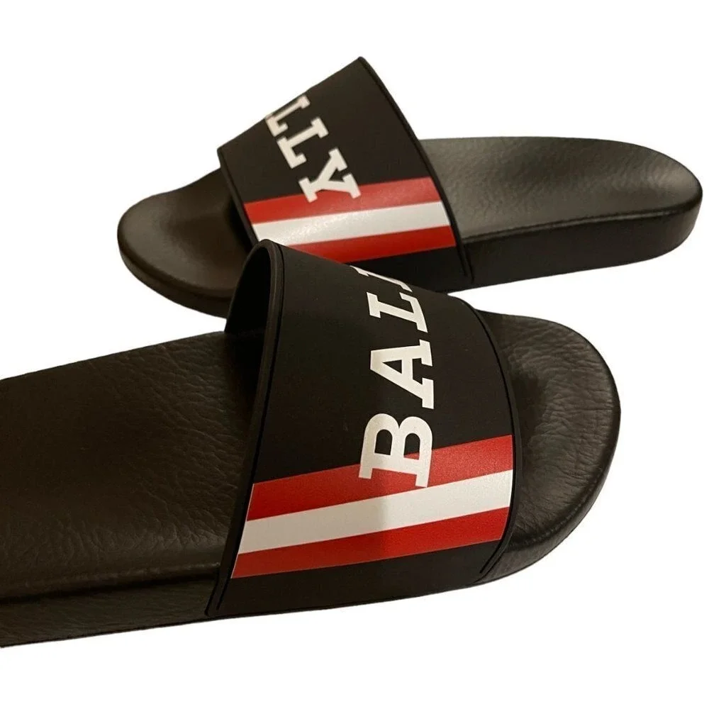 BALLY SIMON‎ BLACK RUBBER LOGO SANDALS SLIDES SHOES - MADE IN ITALY US 8
